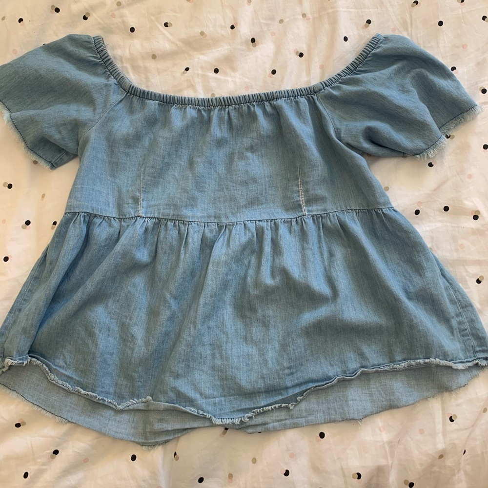 Zara Denim Off the Shoulder Peplum Top
